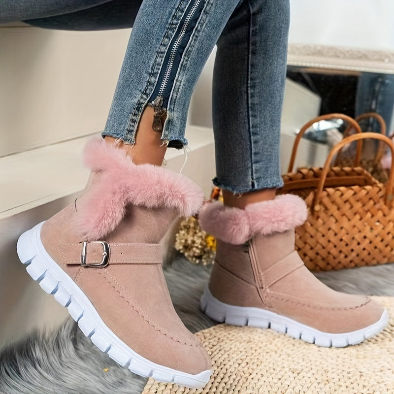 Nora | Women's Plush-Trimmed Winter Boots - Ankle Buckle Detail