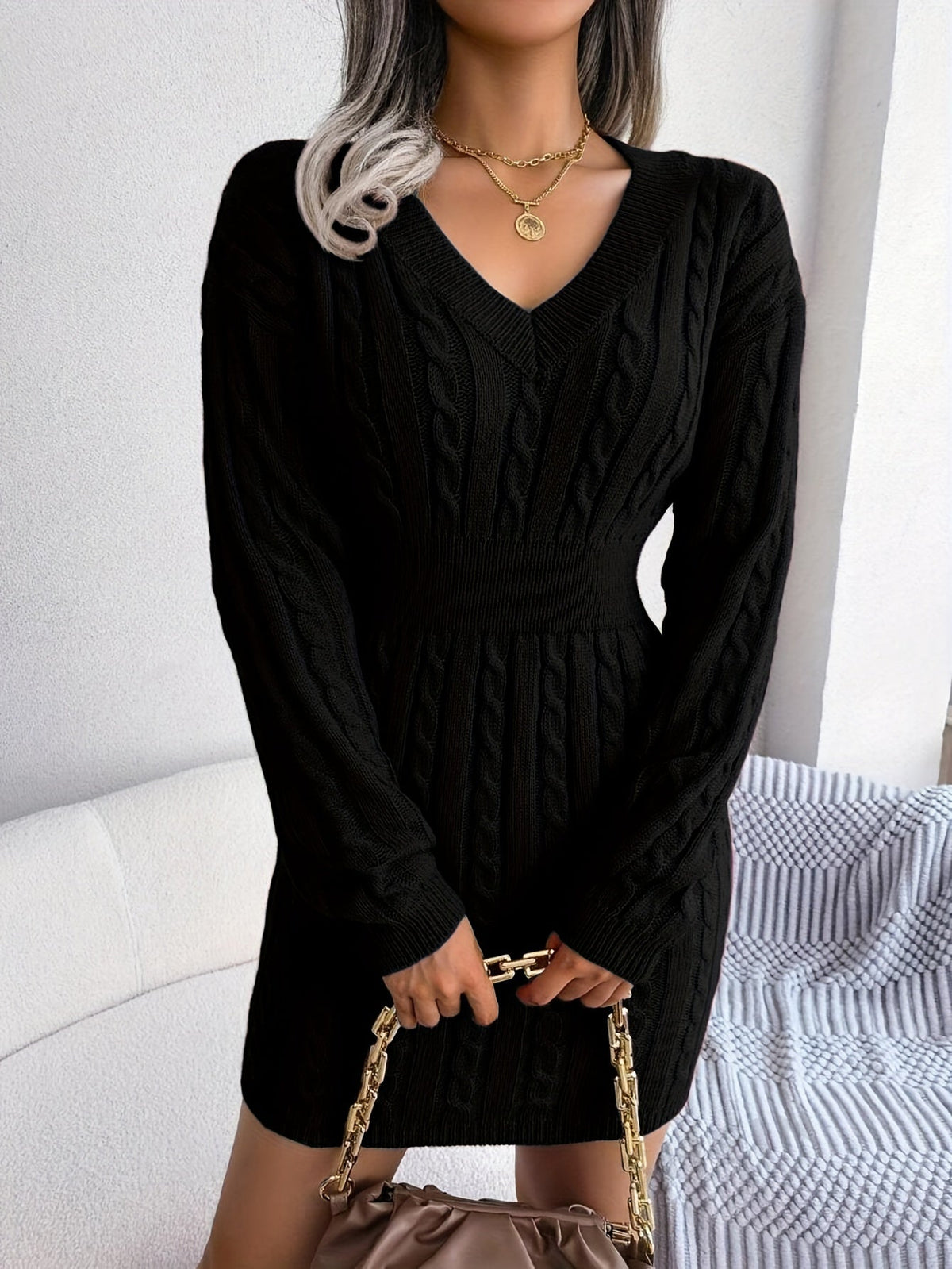 Hana | Women's Cable Knit Sweater Dress - V Neck Cinched Waist