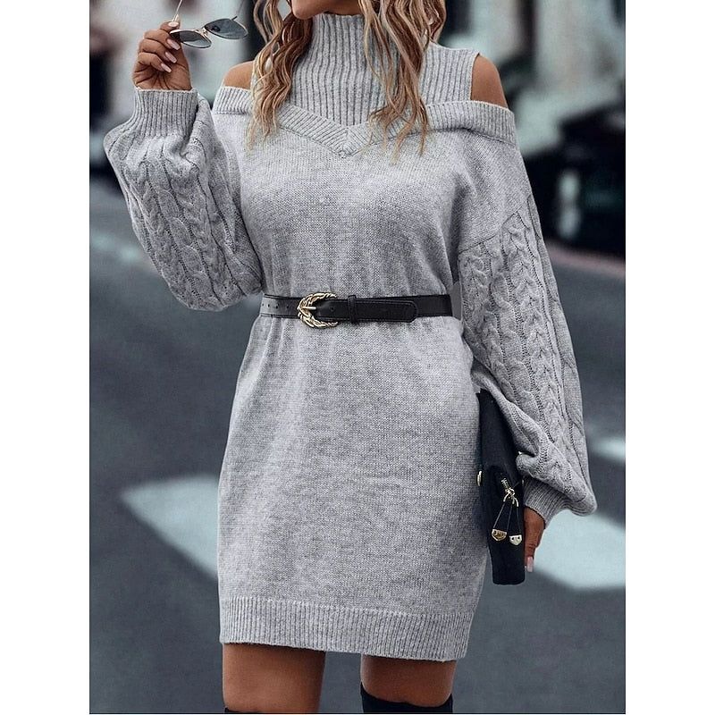Bria | Women's Turtleneck Sweater Dress - Cold Shoulder Long Sleeve Knit