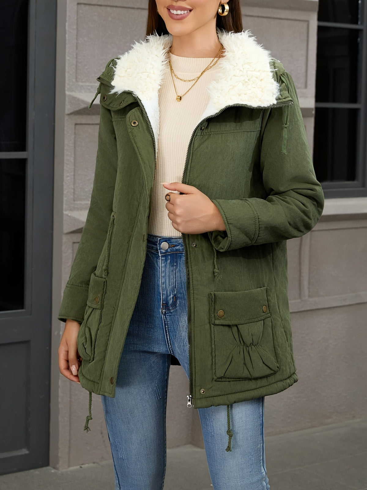 Carolyn | Women's Mid-Length Parka - Fold-Over Collar Drawstring Waist