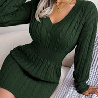 Hana | Women's Cable Knit Sweater Dress - V Neck Cinched Waist