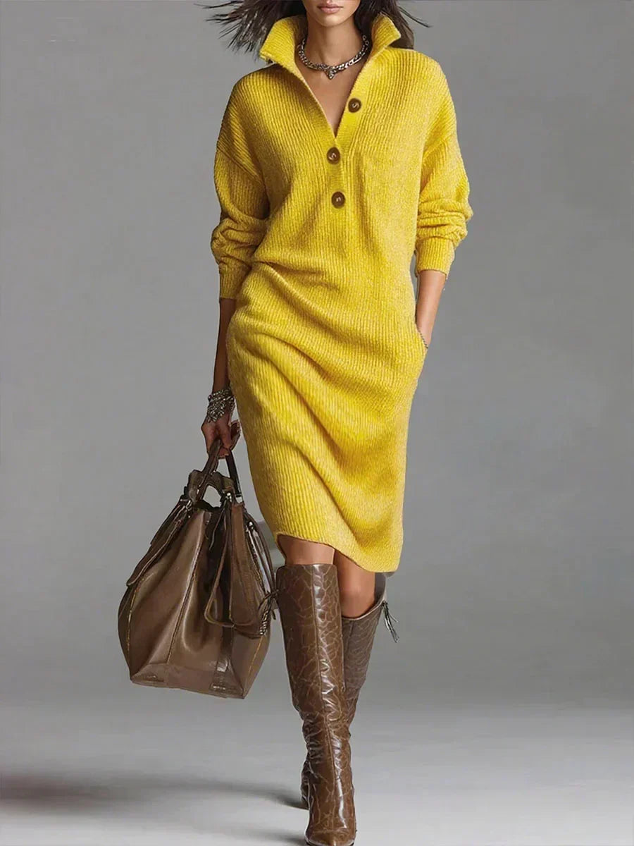 Cleo | Women's Ribbed Knit Sweater Dress - Collar Button Front