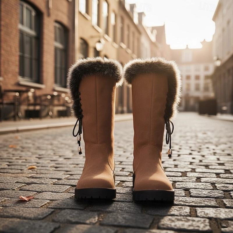 Adriana | Women's Fur-Trimmed Knee High Winter Boots - Lace-Up Block Heel