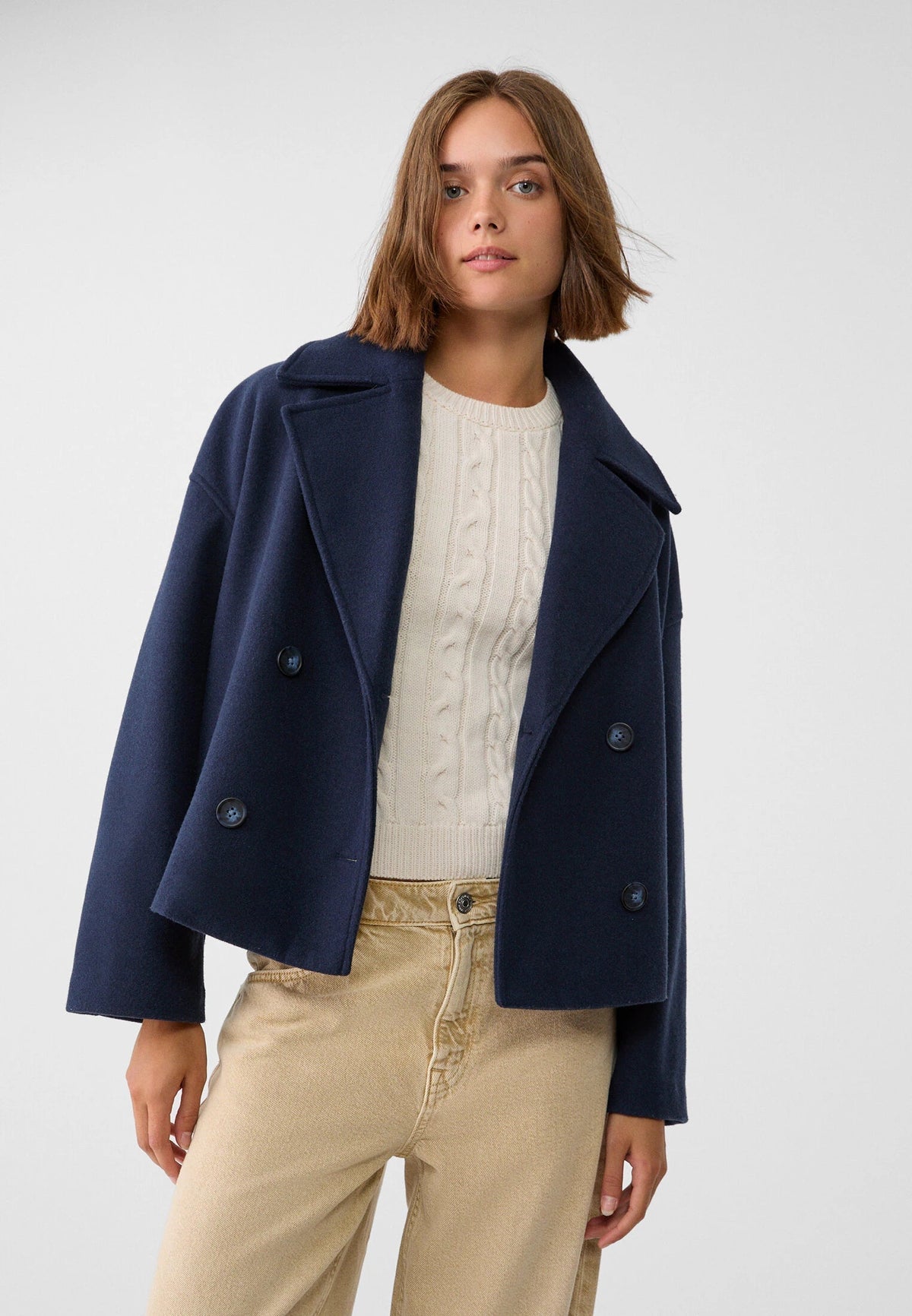 Orla | Women's Cropped Wool Peacoat Jacket - Notch Lapel Double Breasted