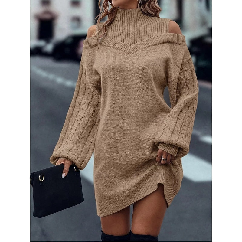 Bria | Women's Turtleneck Sweater Dress - Cold Shoulder Long Sleeve Knit
