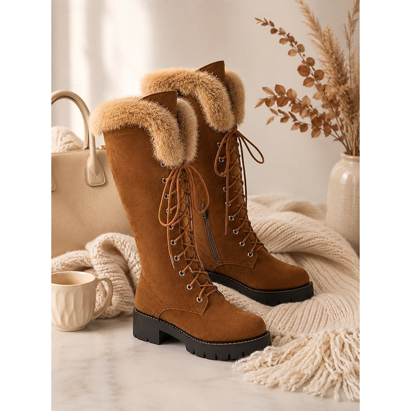Aurelia | Women's Cosy Lace-Up Knee High Winter Boots - Chunky Block Heel