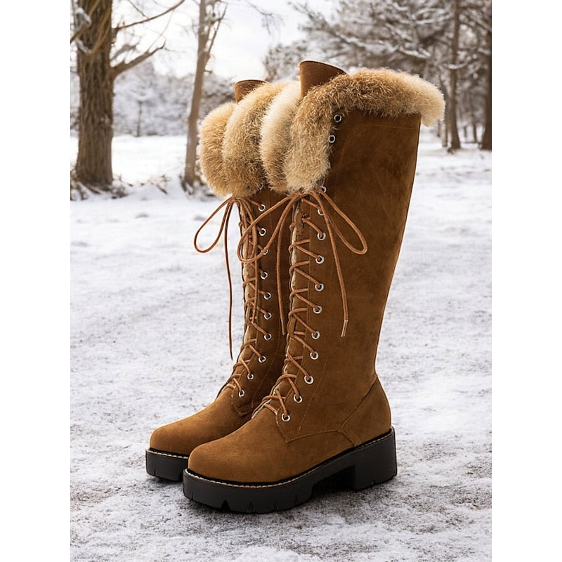 Aurelia | Women's Cosy Lace-Up Knee High Winter Boots - Chunky Block Heel
