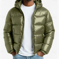 Josh | Men's Quilted Winter Puffer Jacket - Hooded Glossy Wind Resistant
