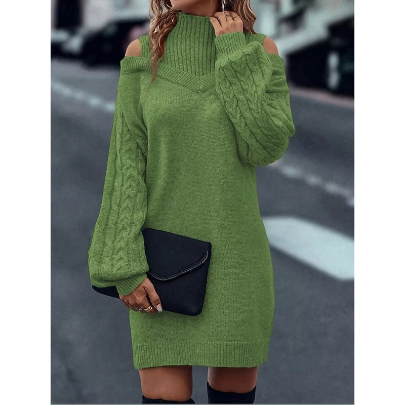 Bria | Women's Turtleneck Sweater Dress - Cold Shoulder Long Sleeve Knit