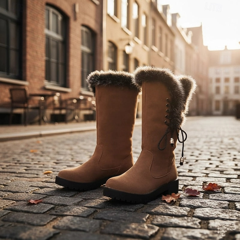 Adriana | Women's Fur-Trimmed Knee High Winter Boots - Lace-Up Block Heel