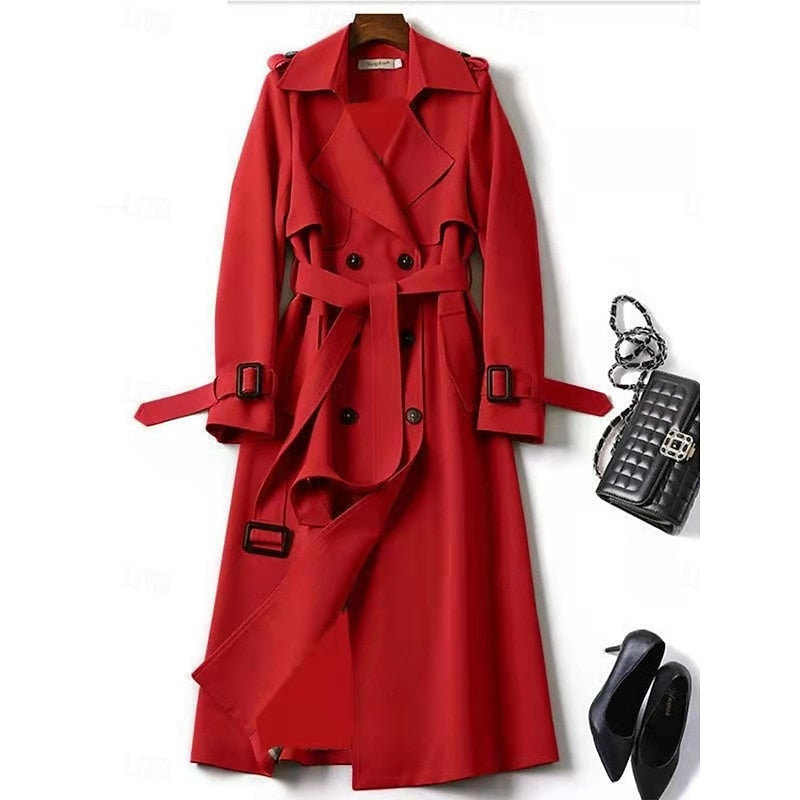 Clarissa | Women's Belted Long Trench Coat - Double-Breasted Collar