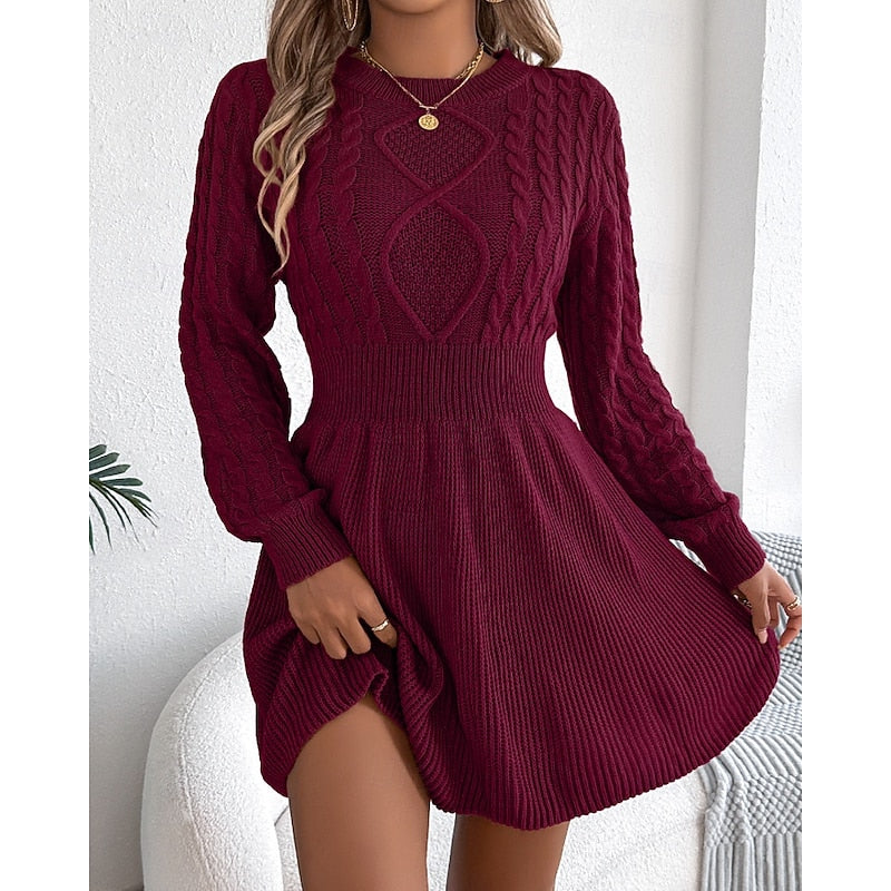Suvi | Women's Cable Knit Sweater Dress - Fit and Flare Long Sleeve