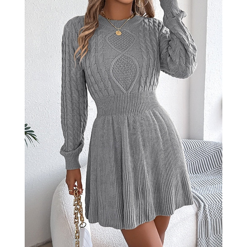 Suvi | Women's Cable Knit Sweater Dress - Fit and Flare Long Sleeve