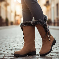 Adriana | Women's Fur-Trimmed Knee High Winter Boots - Lace-Up Block Heel