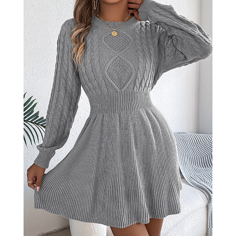 Suvi | Women's Cable Knit Sweater Dress - Fit and Flare Long Sleeve