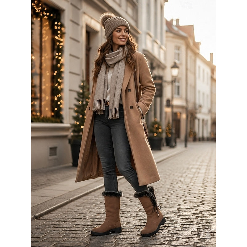 Adriana | Women's Fur-Trimmed Knee High Winter Boots - Lace-Up Block Heel
