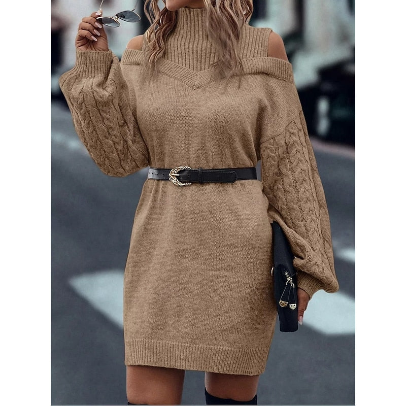 Bria | Women's Turtleneck Sweater Dress - Cold Shoulder Long Sleeve Knit