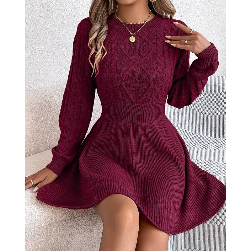 Suvi | Women's Cable Knit Sweater Dress - Fit and Flare Long Sleeve