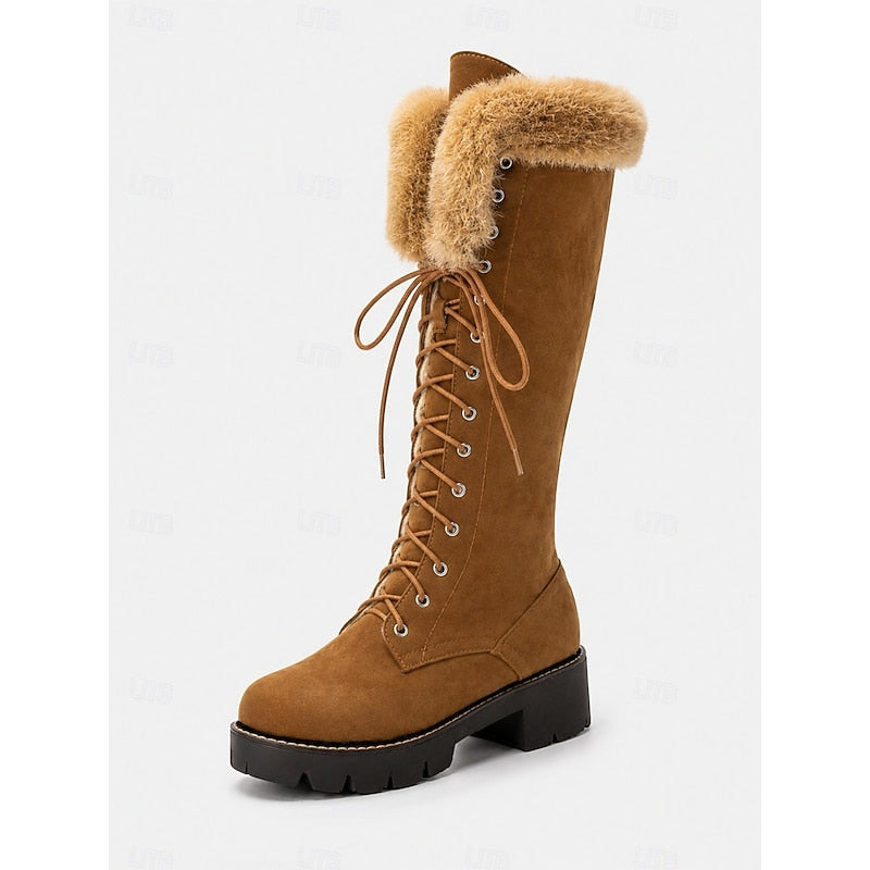 Aurelia | Women's Cosy Lace-Up Knee High Winter Boots - Chunky Block Heel