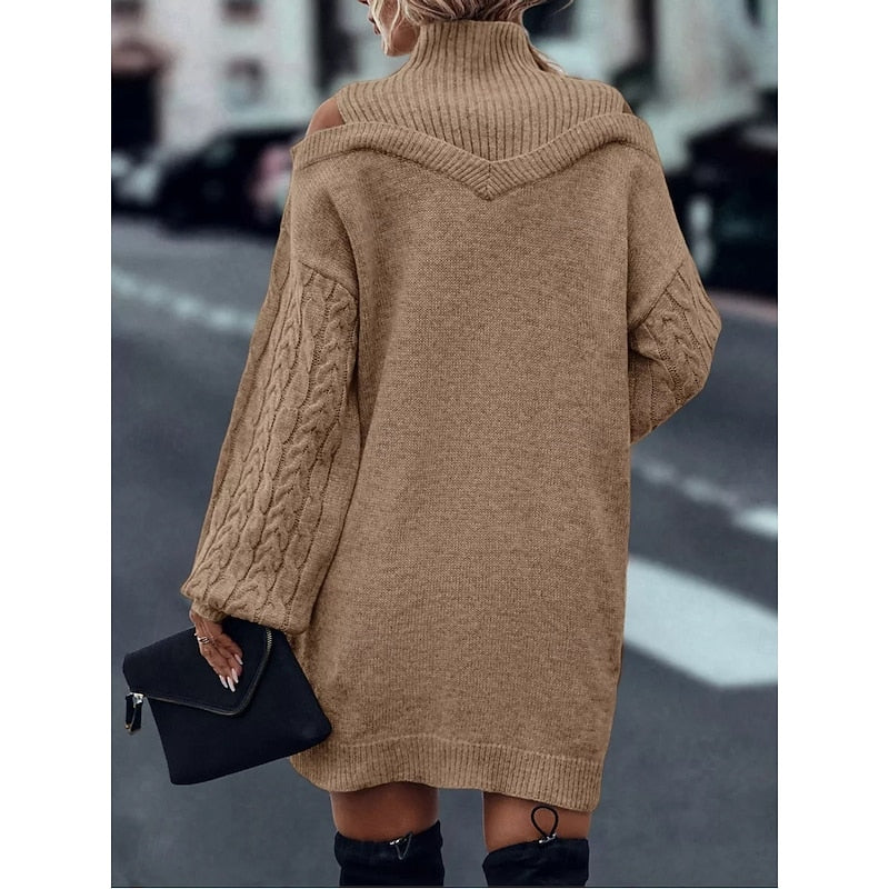 Bria | Women's Turtleneck Sweater Dress - Cold Shoulder Long Sleeve Knit