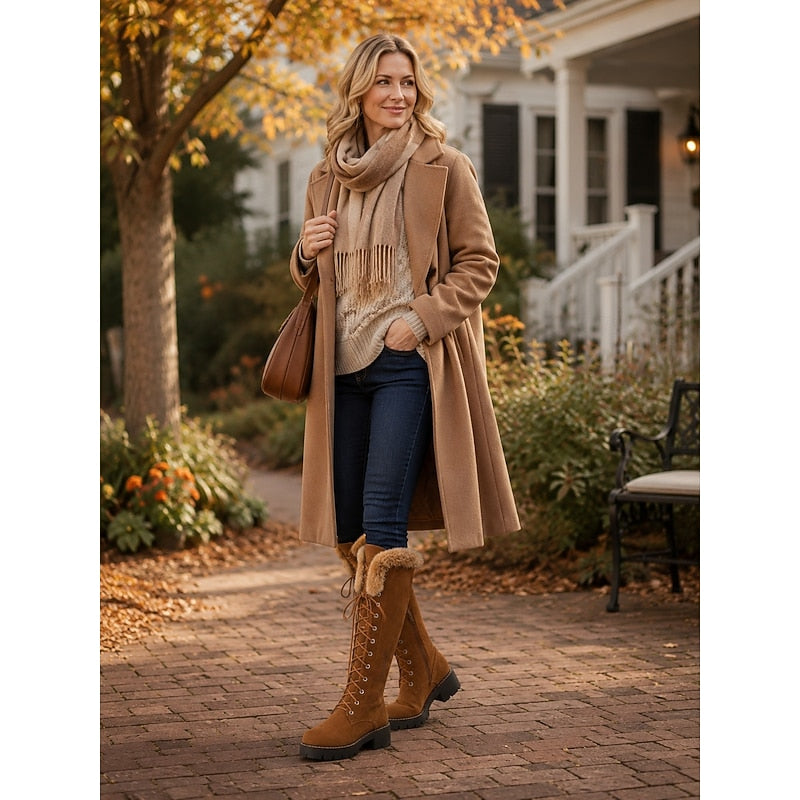 Aurelia | Women's Cosy Lace-Up Knee High Winter Boots - Chunky Block Heel