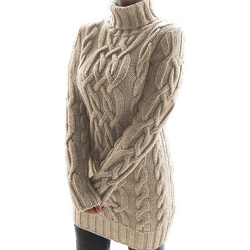 Noa | Women's Cable Knit Sweater Dress - Turtleneck Long Sleeve