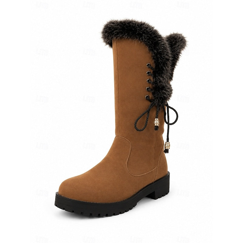 Adriana | Women's Fur-Trimmed Knee High Winter Boots - Lace-Up Block Heel