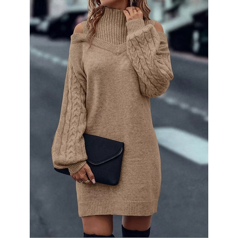 Bria | Women's Turtleneck Sweater Dress - Cold Shoulder Long Sleeve Knit
